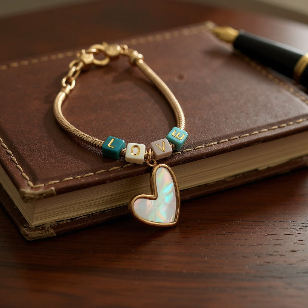 Pulsera de Mujer Hecha a Mano con Cordón Baño de Oro, Letras LOVE y Dije de Corazón | Ajustable con Cadena Extra