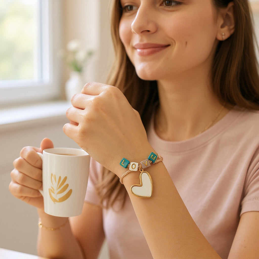 Pulsera de Mujer Hecha a Mano con Cordón Baño de Oro, Letras LOVE y Dije de Corazón | Ajustable con Cadena Extra