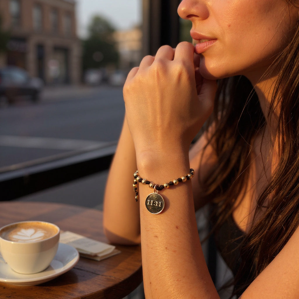 Pulsera de Mujer Ajustable Hecha a Mano con Dije 11:11 en Acero Inoxidable Baño de Oro