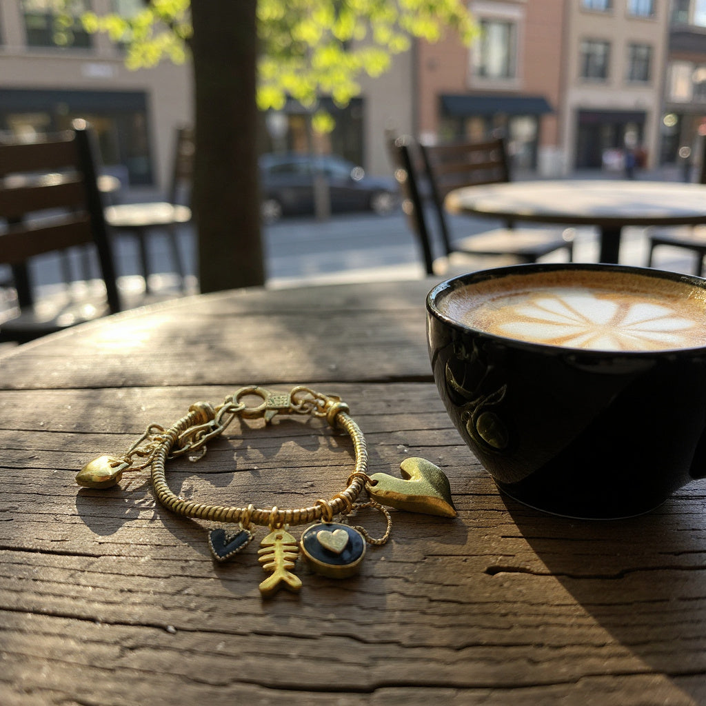 Pulsera de cordón de acero inoxidable bañada en oro con dijes colgantes y cierre extensible – Joyería elegante para mujer