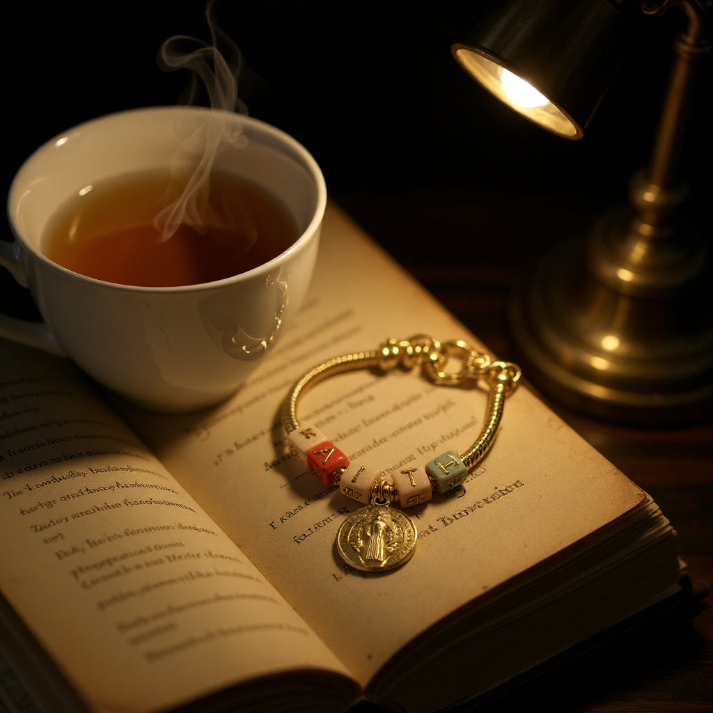 Pulsera de Mujer Hecha a Mano con Cordón Baño de Oro, Letras Faith y Dije de San Benito | Ajustable con Cadena