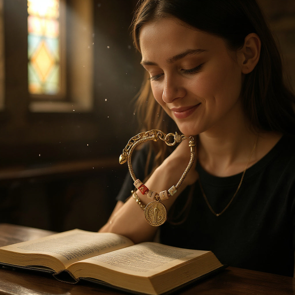 Pulsera de Mujer Hecha a Mano con Cordón Baño de Oro, Letras Faith y Dije de San Benito | Ajustable con Cadena