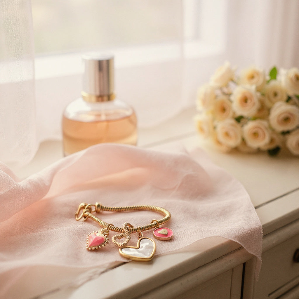 Pulsera de cordón de acero inoxidable bañada en oro con dijes colgantes y cierre extensible – Joyería elegante para mujer
