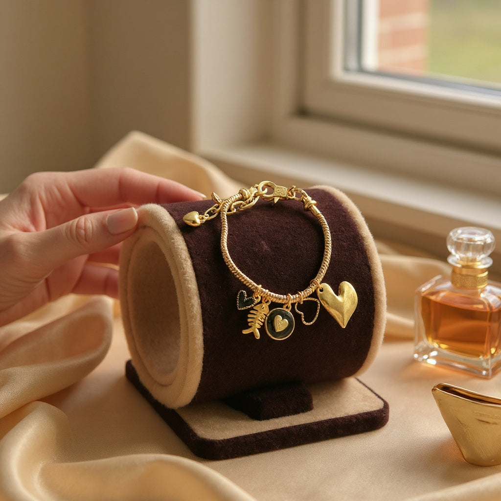 Pulsera de cordón de acero inoxidable bañada en oro con dijes colgantes y cierre extensible – Joyería elegante para mujer