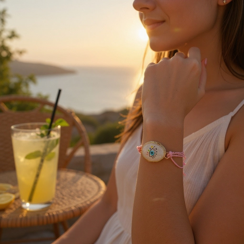 Pulsera de Mujer Hecha a Mano con Hilo Trenzado y Dije de Acero Inoxidable con Baño de Oro y Ojo Turco