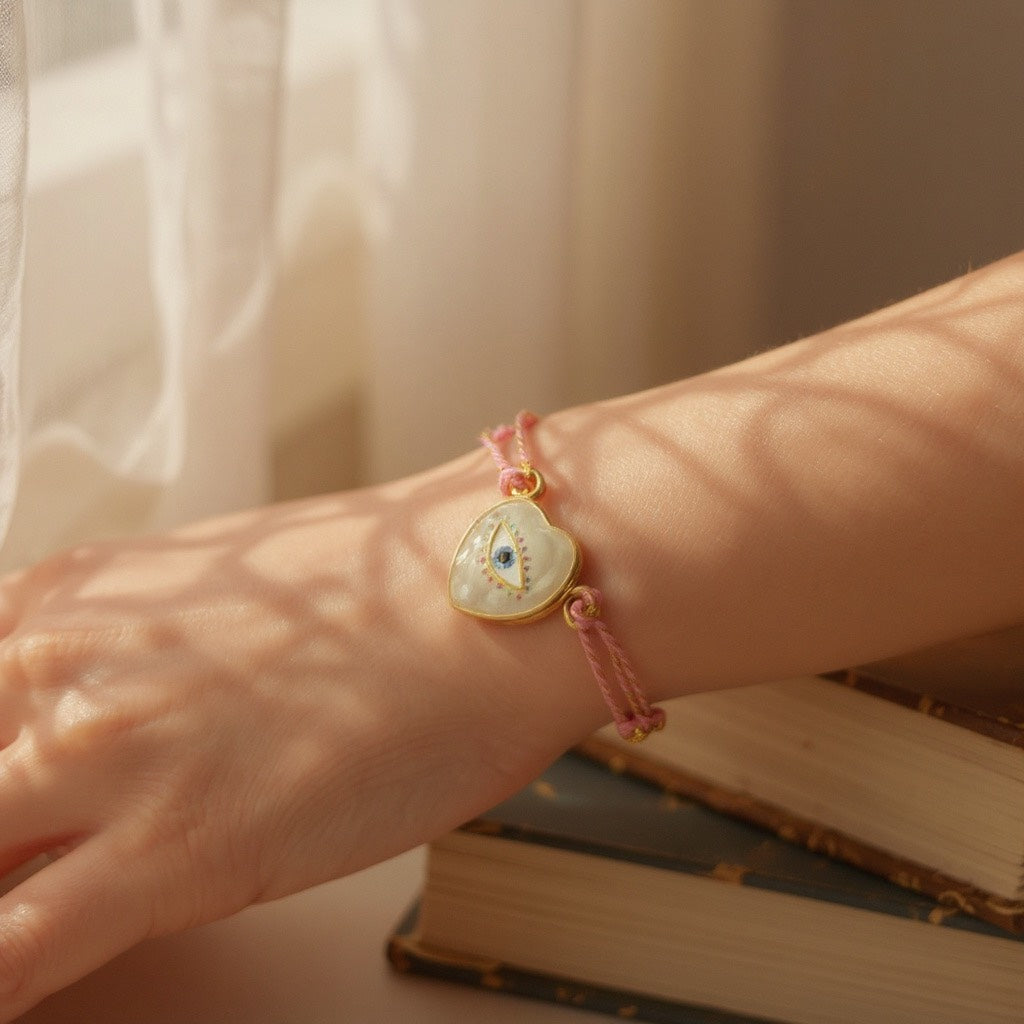 Pulsera de Mujer Hecha a Mano con Hilo Trenzado y Dije de Acero Inoxidable con Baño de Oro y Ojo Turco pintado