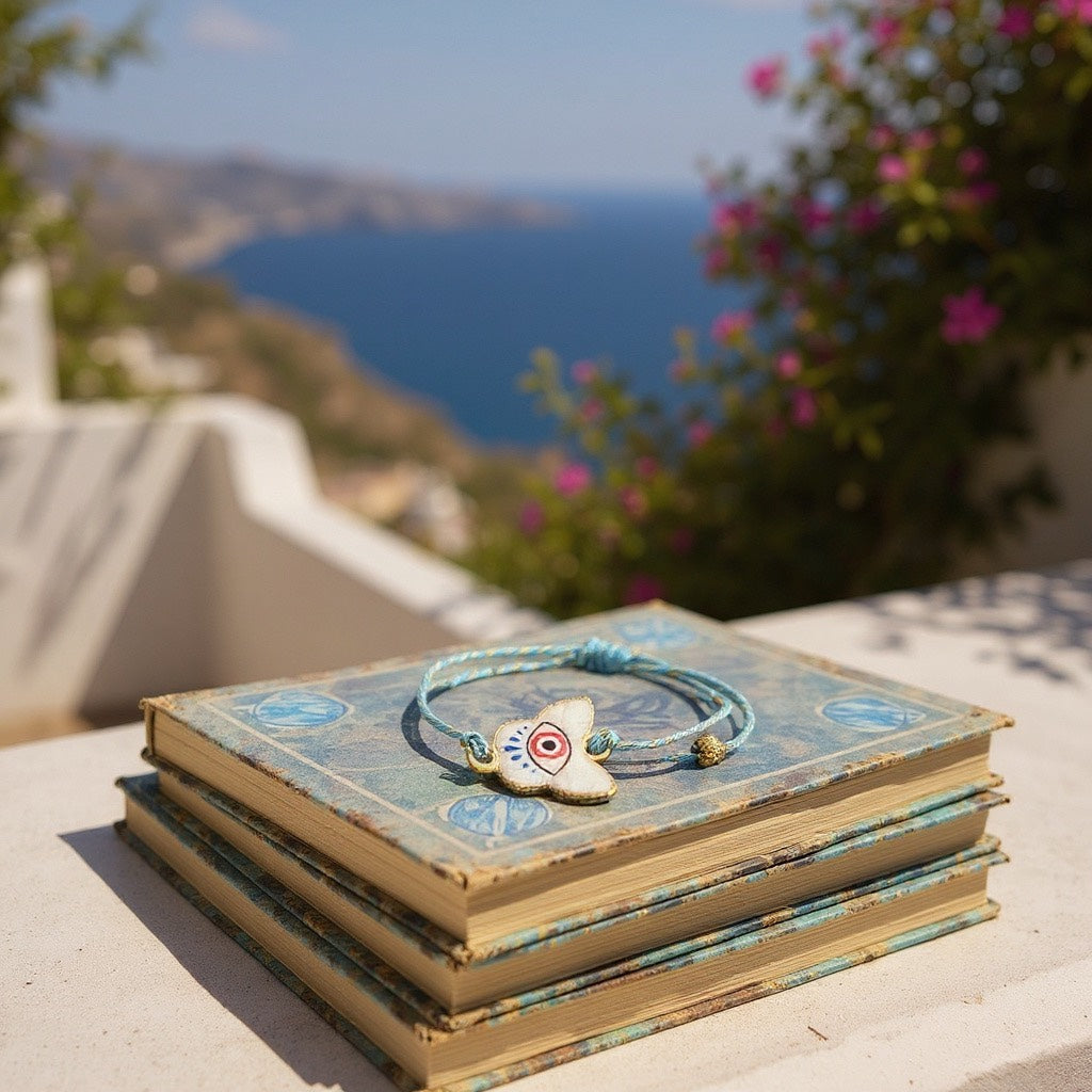 Pulsera de Mujer Hecha a Mano con Hilo Trenzado y Dije de Acero Inoxidable con Baño de Oro y Ojo Turco