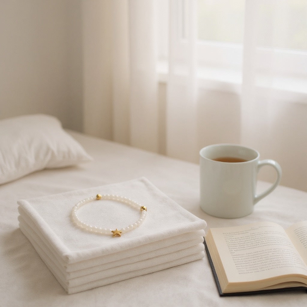 Pulsera Elástica de Mujer con Avalorios de Vidrio Blanco y Dije en Acero Inoxidable con Baño de Oro | Hecha a Mano