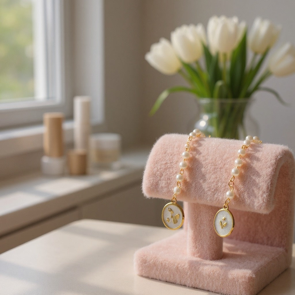 Pulsera de Mujer con Perlas y Dije de Mariposa en Acero Inoxidable con Baño de Oro | Hecha a Mano