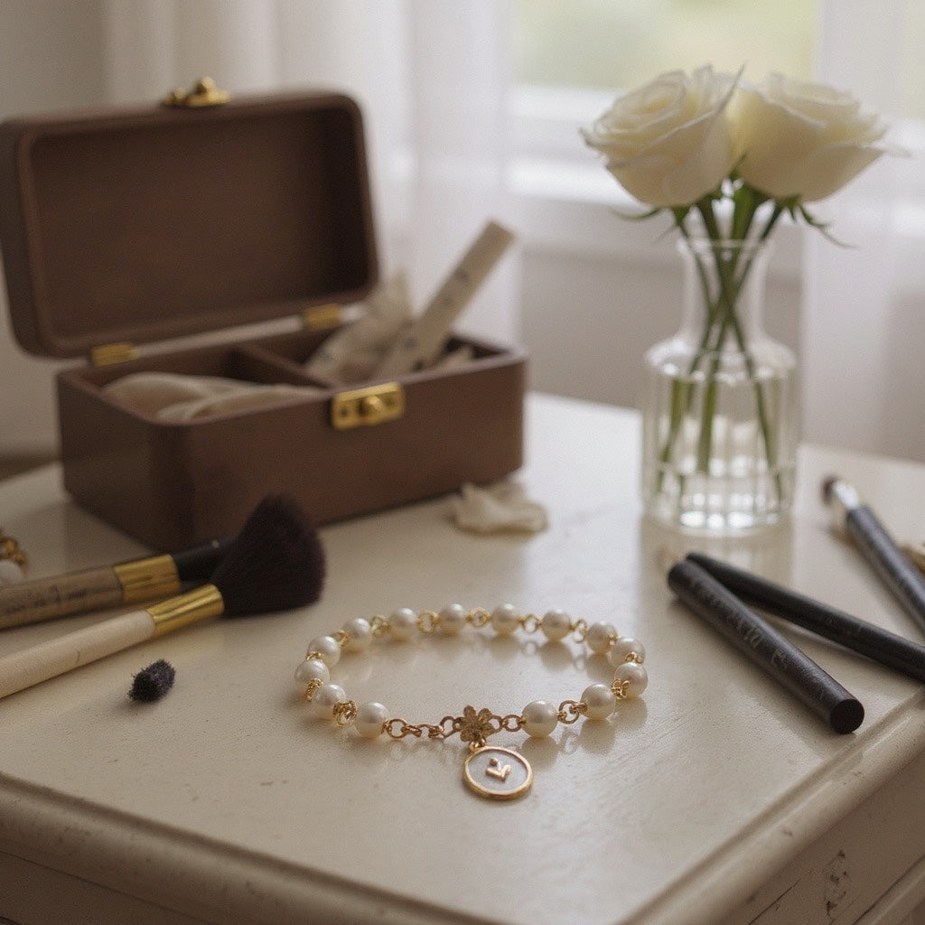 Pulsera de Mujer con Perlas y Dije de Flor en Acero Inoxidable con Baño de Oro | Hecha a Mano