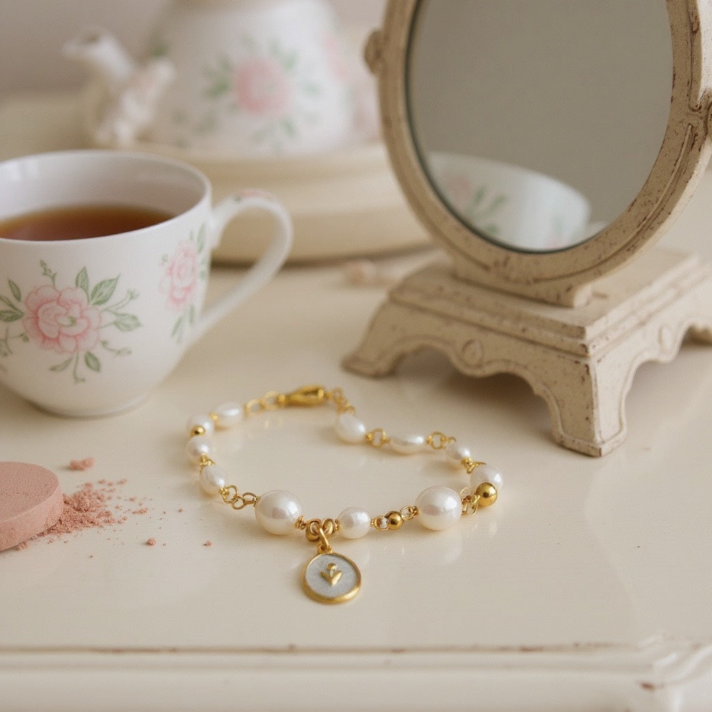 Pulsera de Mujer con Perlas y Dije de Flor en Acero Inoxidable con Baño de Oro | Hecha a Mano
