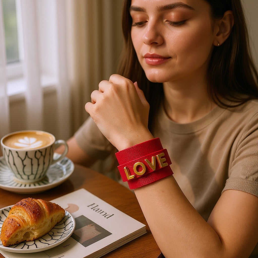 Brazalete de Mujer Hecho a Mano en Cuero | Ajustable con Letras LOVE y Dijes de Corazón en Acero Inoxidable