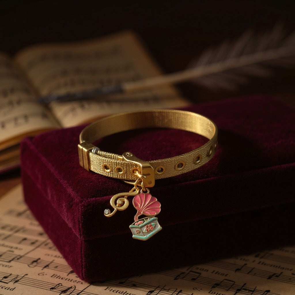 Brazalete de Mujer Hecho a Mano Tipo Correa con Baño de Oro y Dijes Musicales en Acero Inoxidable