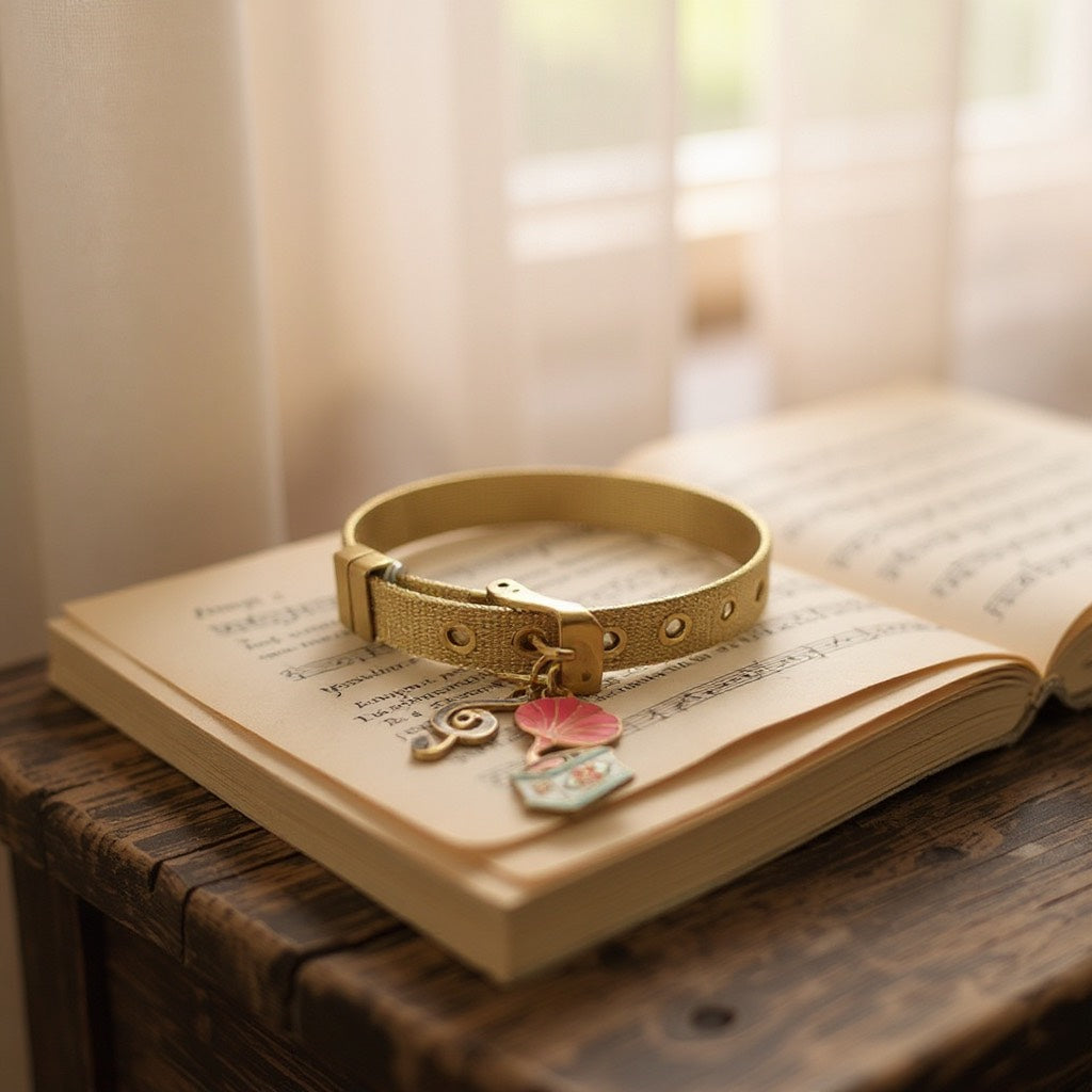 Brazalete de Mujer Hecho a Mano Tipo Correa con Baño de Oro y Dijes Musicales en Acero Inoxidable