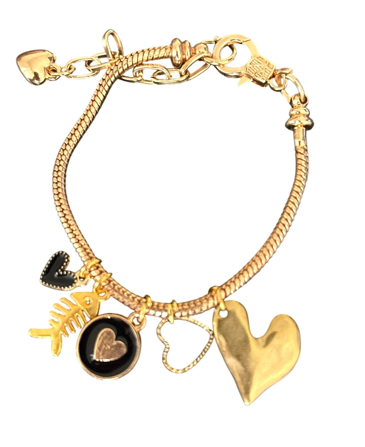 Pulsera de cordón de acero inoxidable bañada en oro con dijes colgantes y cierre extensible – Joyería elegante para mujer
