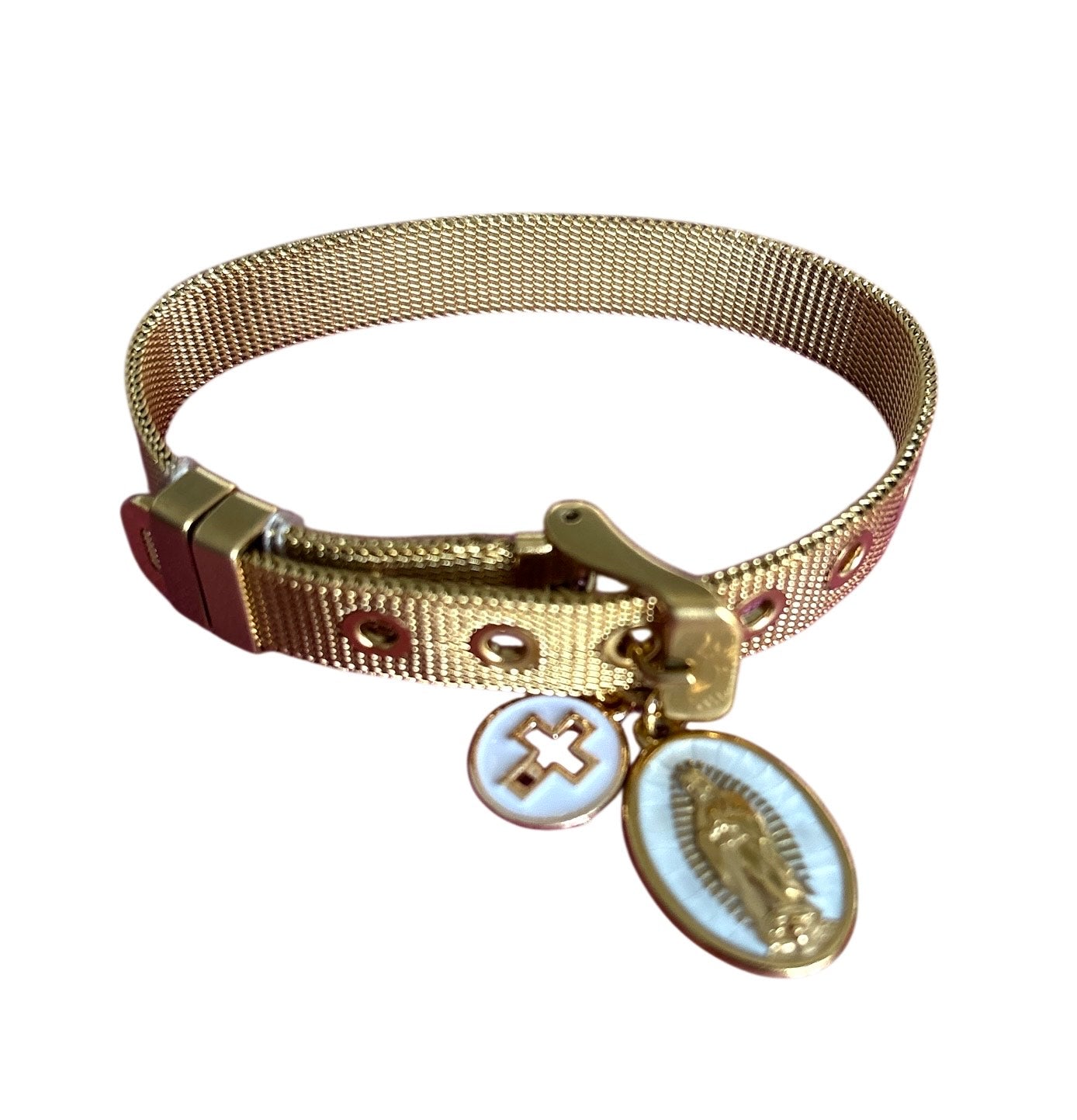 Brazalete de Mujer Hecho a Mano Tipo Correa con Baño de Oro y Dijes Religiosos en Acero Inoxidable