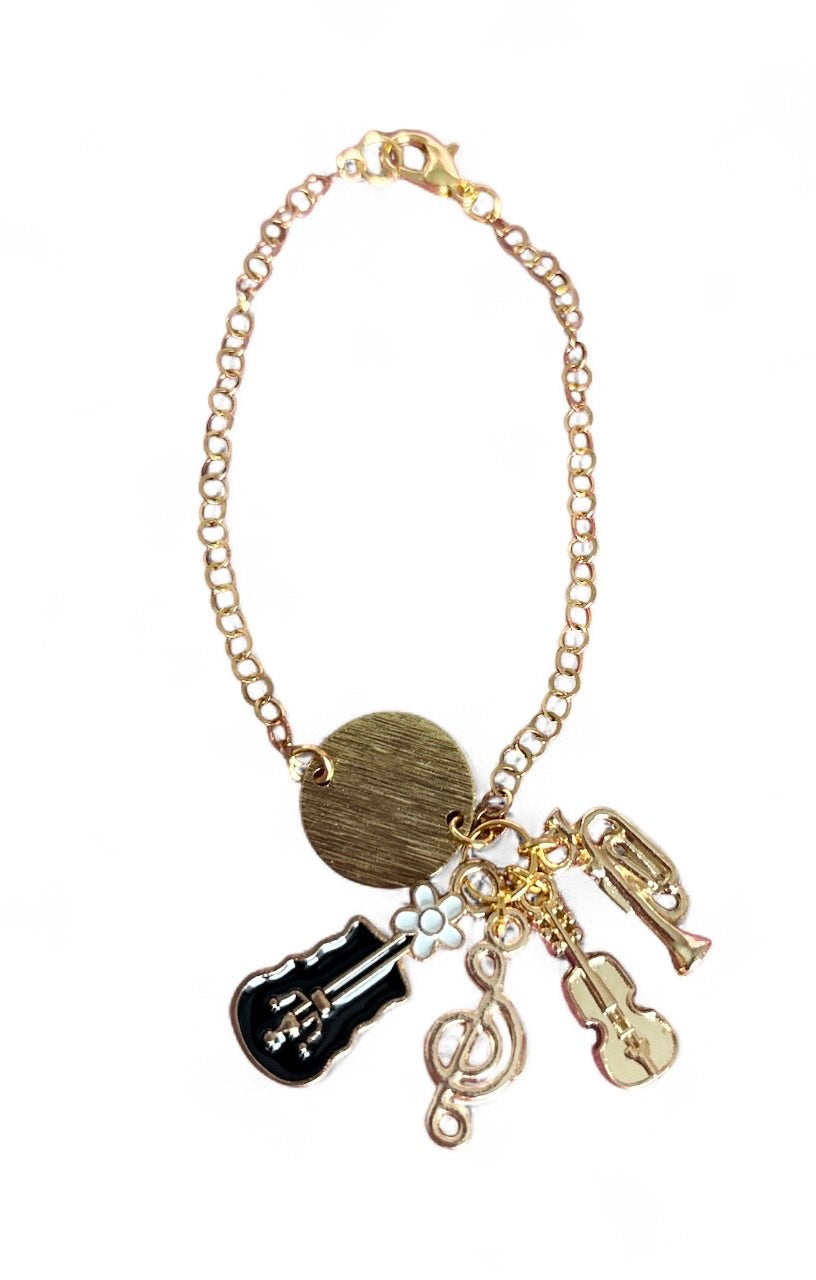 Pulsera de Mujer Hecha a Mano con Cadena de Acero Inoxidable Baño de Oro y Dijes Musicales | 16 cm