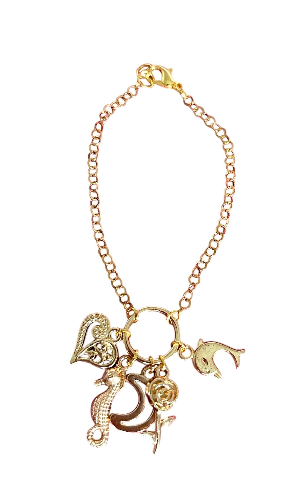 Pulsera de Mujer Hecha a Mano con Cadena de Acero Inoxidable Baño de Oro y Dijes Colgantes | 16 cm