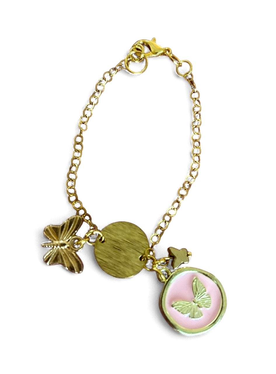 Pulsera de Mujer Hecha a Mano con Cadena de Acero Inoxidable y Dijes de Mariposa con Baño de Oro – 16 cm