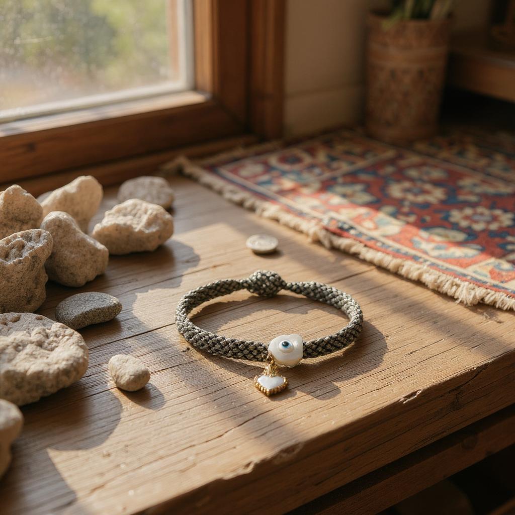 Pulsera de Mujer Blanco y Negro ajustable con Dije en Acero Inoxidable – Estilo Artesanal y Moderno
