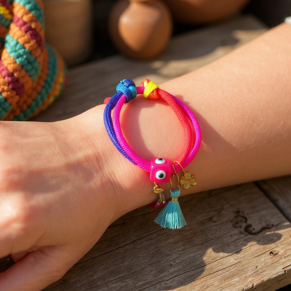 Pulsera Ajustable de Cordon Multicolor con Dije en Acero Inoxidable – Hecha a Mano para Mujer