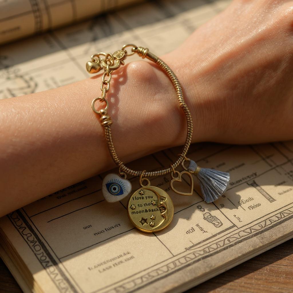 Pulsera de cordón de acero inoxidable bañada en oro con dijes colgantes y cierre extensible – Joyería elegante para mujer