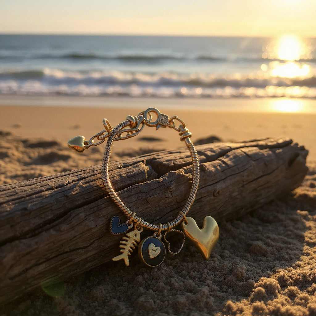 Pulsera de cordón de acero inoxidable bañada en oro con dijes colgantes y cierre extensible – Joyería elegante para mujer