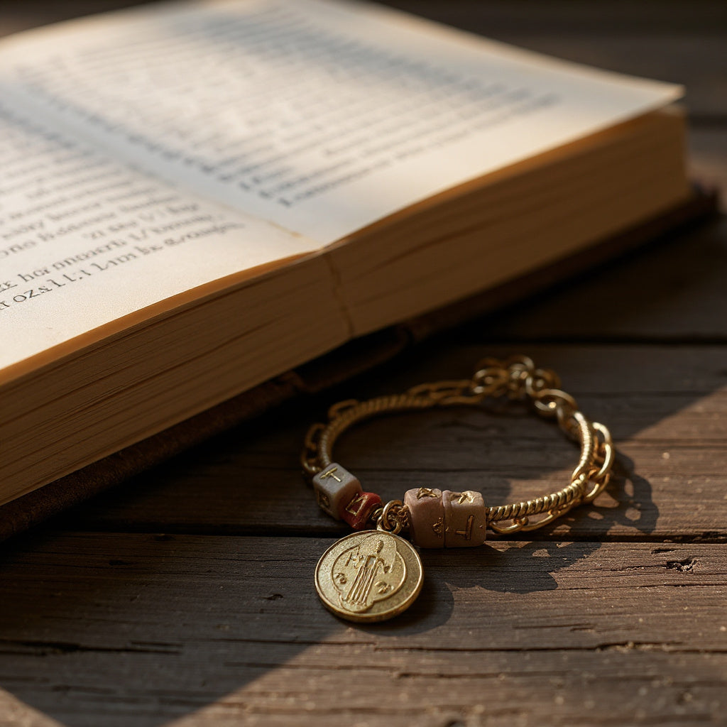 Pulsera de Mujer Hecha a Mano con Cordón Baño de Oro, Letras Faith y Dije de San Benito | Ajustable con Cadena