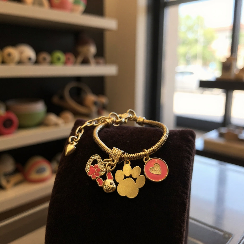 Pulsera de cordón de acero inoxidable bañada en oro con dijes colgantes y cierre extensible – Joyería elegante para mujer