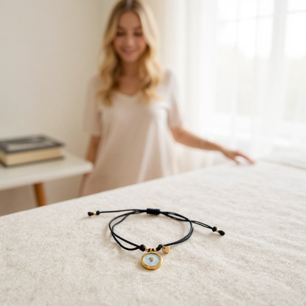 Pulsera de Mujer Ajustable Hecha a Mano con Dije Corazón en Acero Inoxidable Baño de Oro - Ajustable