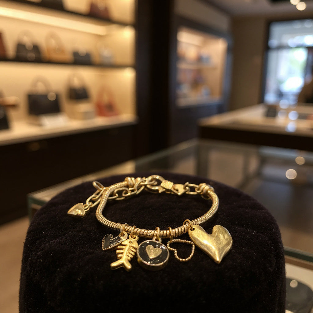 Pulsera de cordón de acero inoxidable bañada en oro con dijes colgantes y cierre extensible – Joyería elegante para mujer