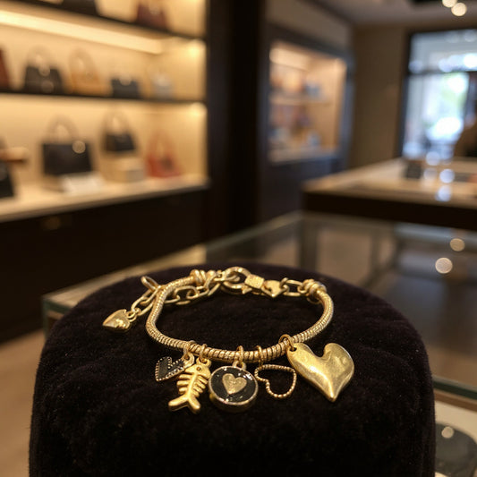 Pulsera de cordón de acero inoxidable bañada en oro con dijes colgantes y cierre extensible – Joyería elegante para mujer
