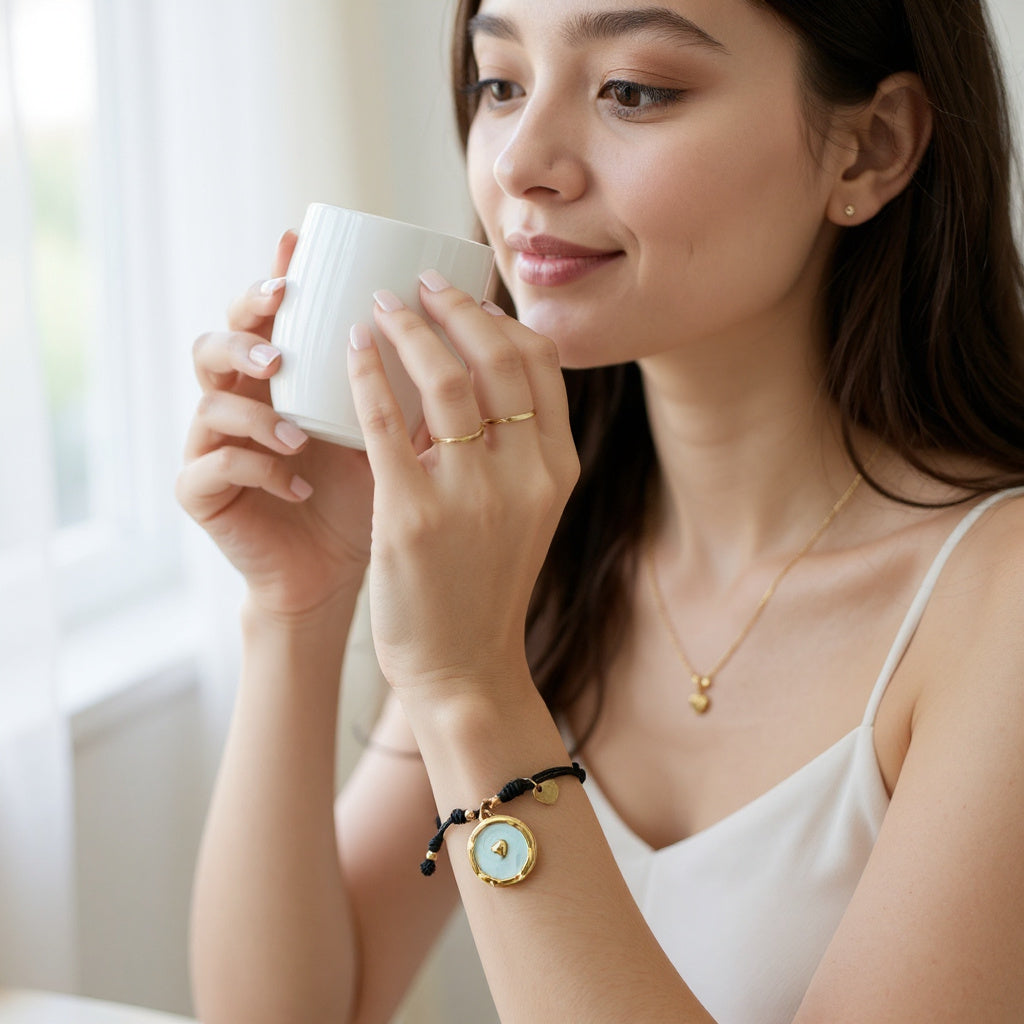 Pulsera de Mujer Ajustable Hecha a Mano con Dije Corazón en Acero Inoxidable Baño de Oro - Ajustable