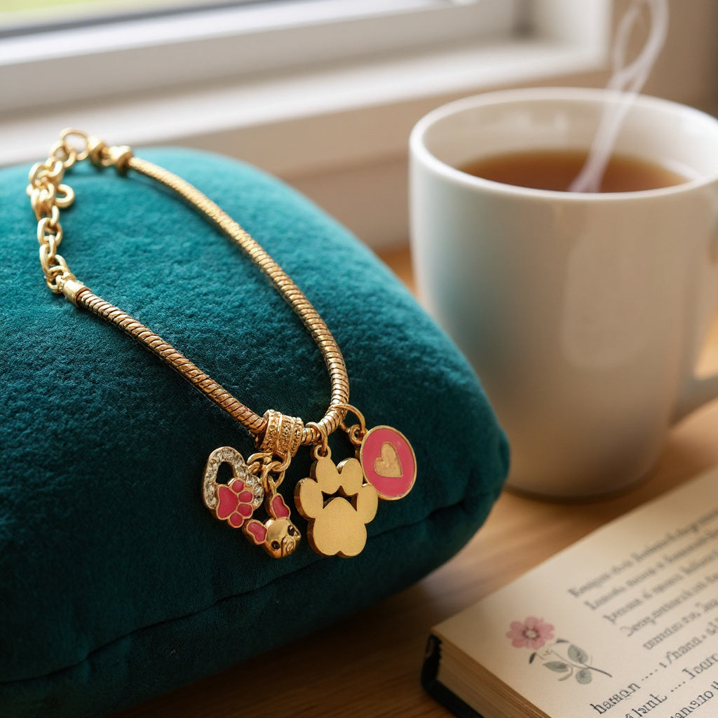 Pulsera de cordón de acero inoxidable bañada en oro con dijes colgantes y cierre extensible – Joyería elegante para mujer