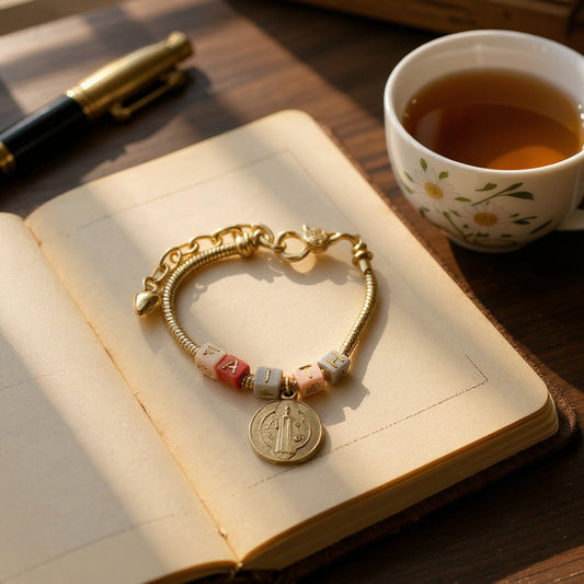 Pulsera de Mujer Hecha a Mano con Cordón Baño de Oro, Letras Faith y Dije de San Benito | Ajustable con Cadena