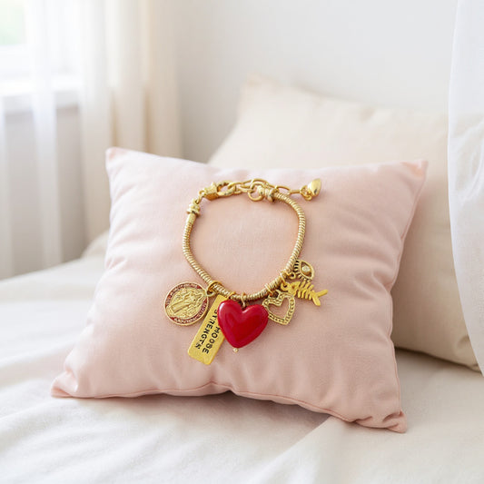 Pulsera de Protección y Buena Suerte | Joyería con Dijes de Corazón, Ojo Turco, San Benito y Pez | Pulsera Ajustable de Acero Inoxidable