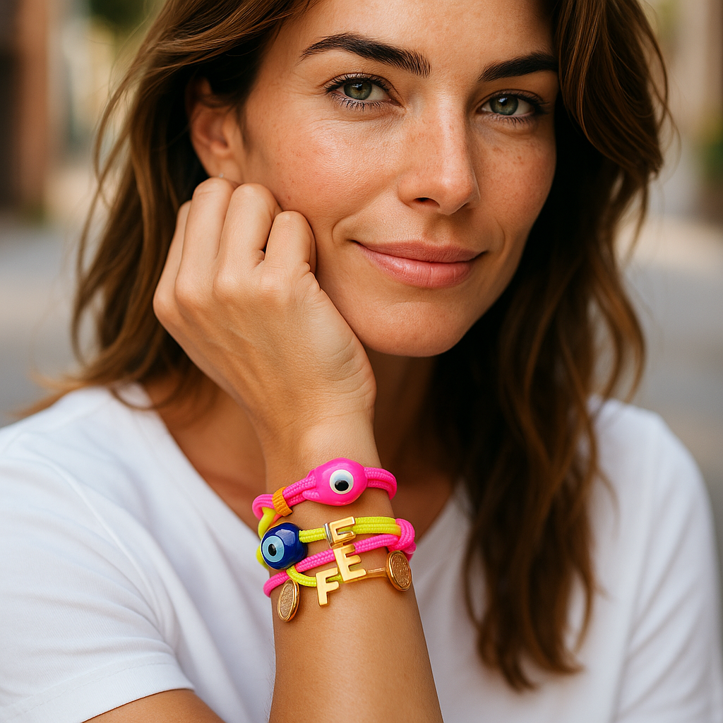 Pulsera Ajustable de Cordon Multicolor con Dije en Acero Inoxidable – Hecha a Mano para Mujer