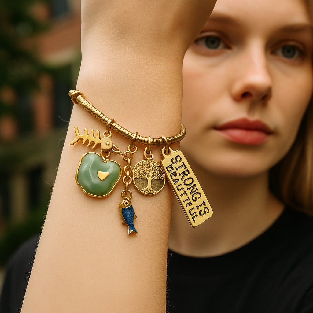 Pulsera de cordón de acero inoxidable bañada en oro con dijes colgantes y cierre extensible – Joyería elegante para mujer