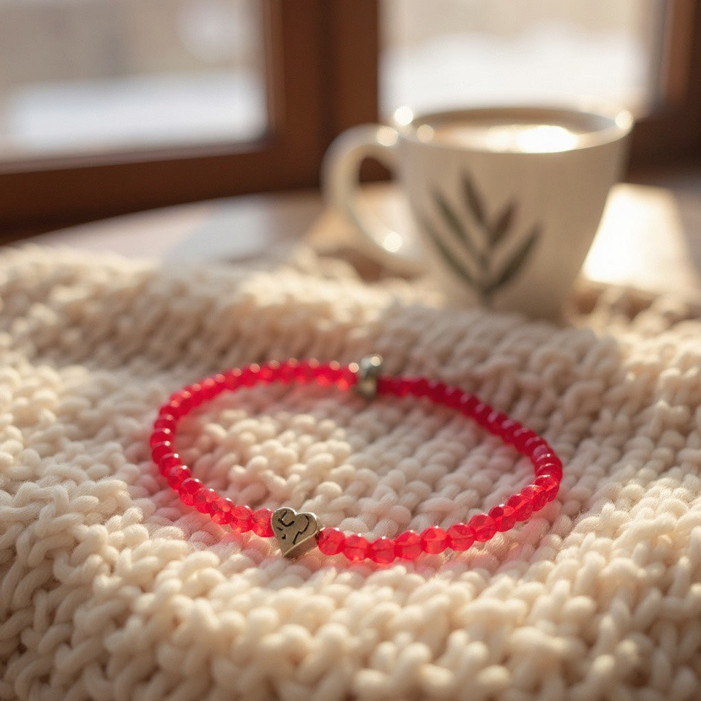 Pulsera Elástica de Mujer con Avalorios de Vidrio Rojo y Dije en Acero Inoxidable con Baño de Oro | Hecha a Mano