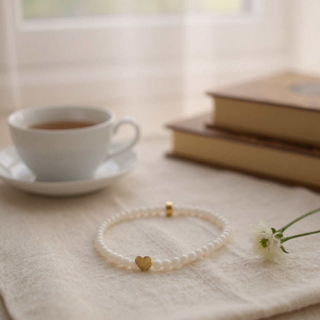 Pulsera Elástica de Mujer con Avalorios de Vidrio Rosa y Dije en Acero Inoxidable con Baño de Oro | Hecha a Mano