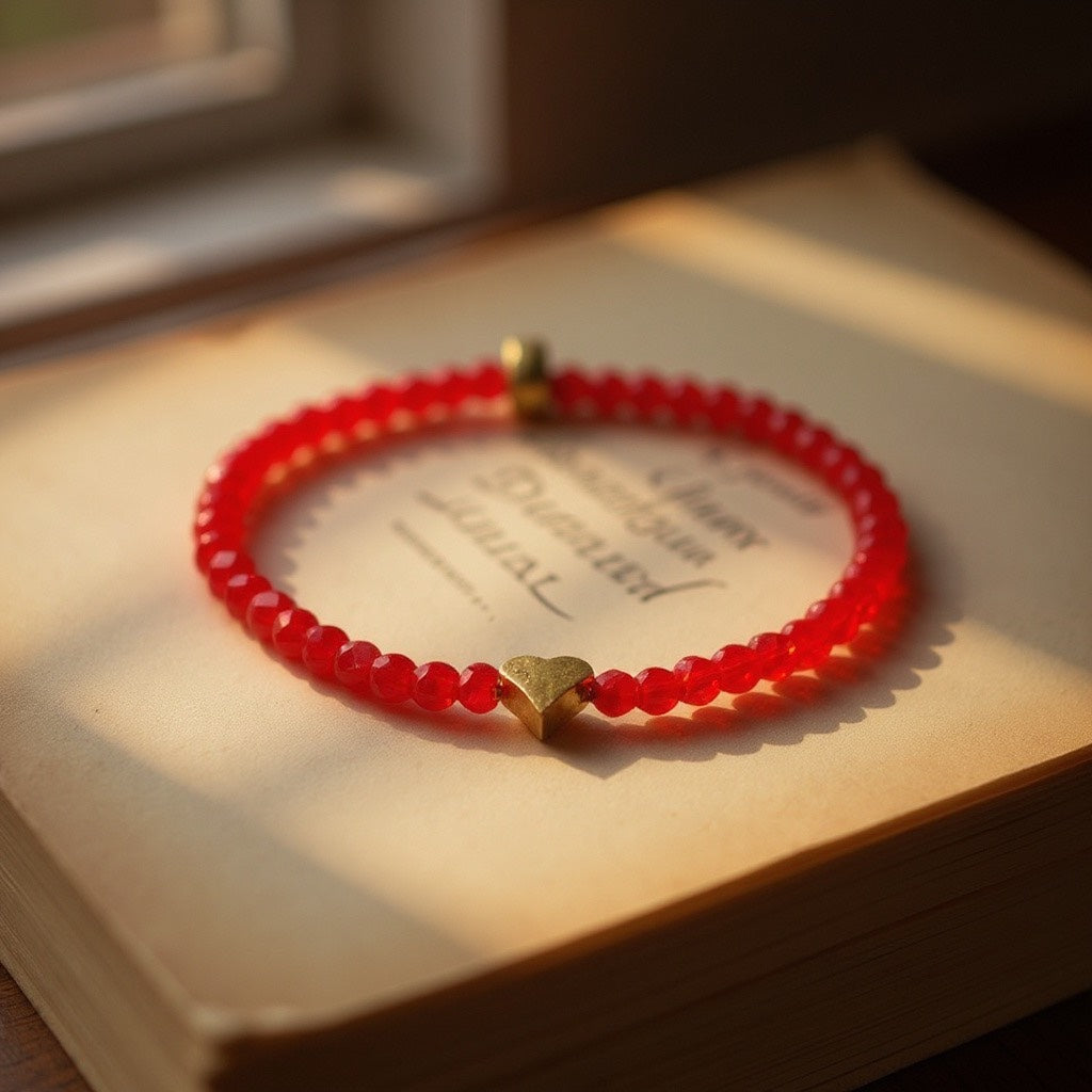 Pulsera Elástica de Mujer con Avalorios de Vidrio Rojo y Dije en Acero Inoxidable con Baño de Oro | Hecha a Mano