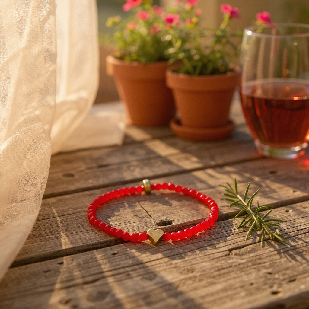 Pulsera Elástica de Mujer con Avalorios de Vidrio Rojo y Dije en Acero Inoxidable con Baño de Oro | Hecha a Mano