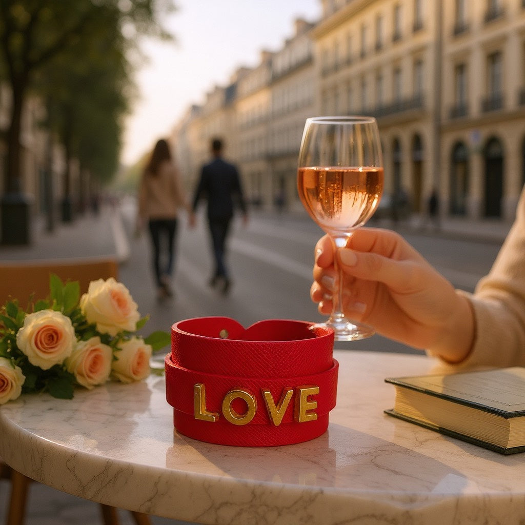 Brazalete de Mujer Hecho a Mano en Cuero | Ajustable con Letras LOVE y Dijes de Corazón en Acero Inoxidable
