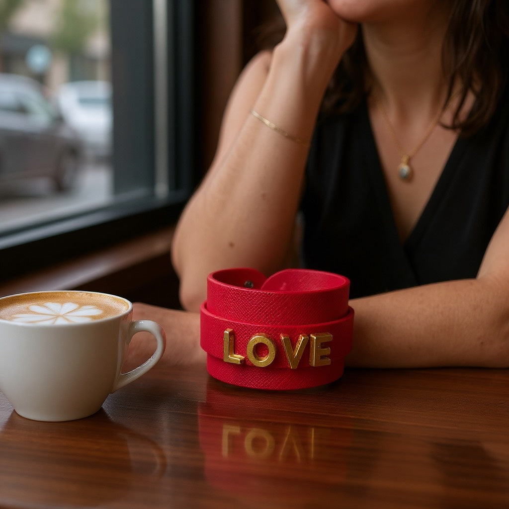 Brazalete de Mujer Hecho a Mano en Cuero | Ajustable con Letras LOVE y Dijes de Corazón en Acero Inoxidable