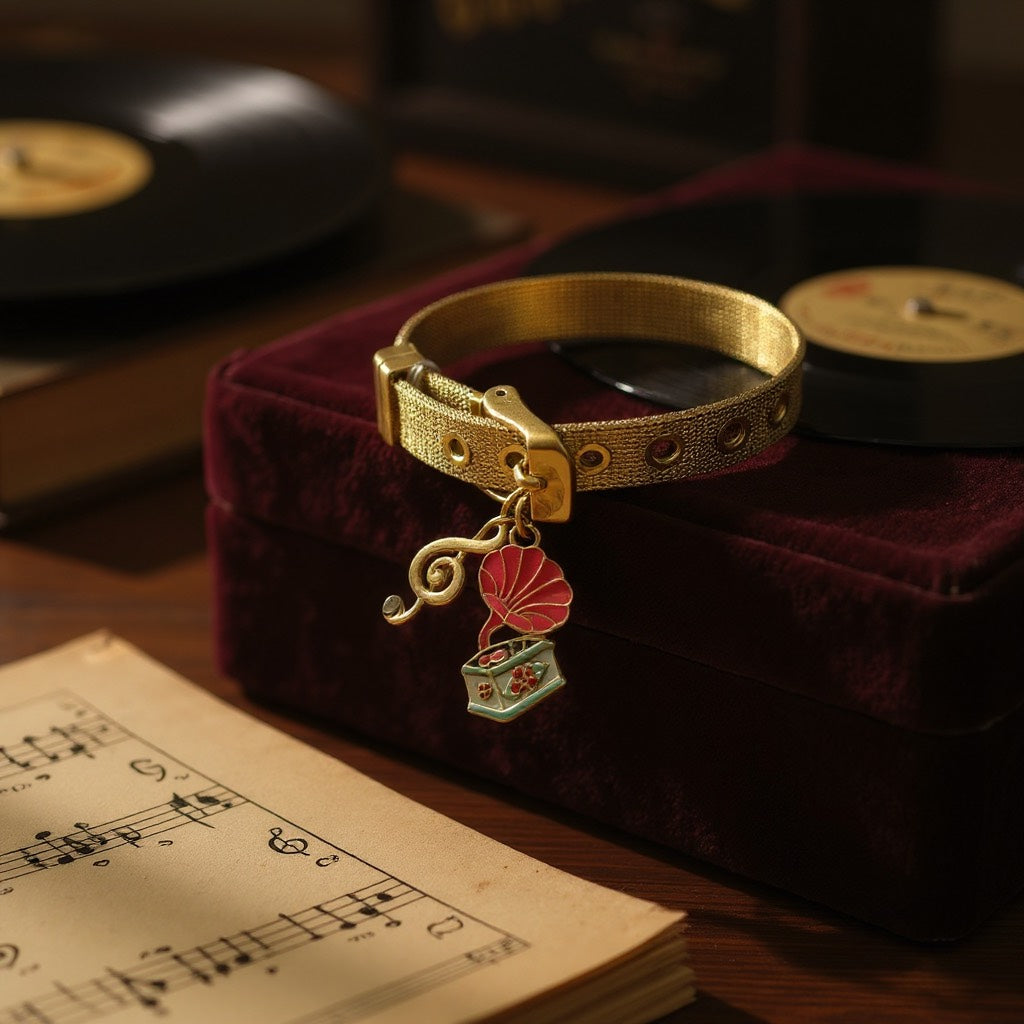 Brazalete de Mujer Hecho a Mano Tipo Correa con Baño de Oro y Dijes Musicales en Acero Inoxidable