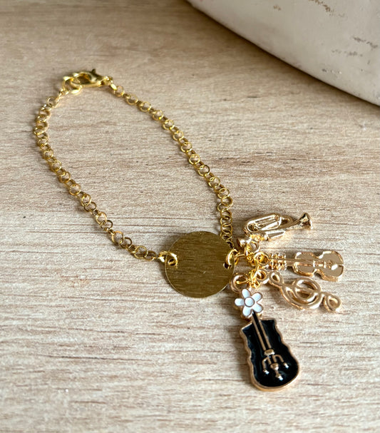 Pulsera de Mujer Hecha a Mano con Cadena de Acero Inoxidable Baño de Oro y Dijes Musicales | 16 cm