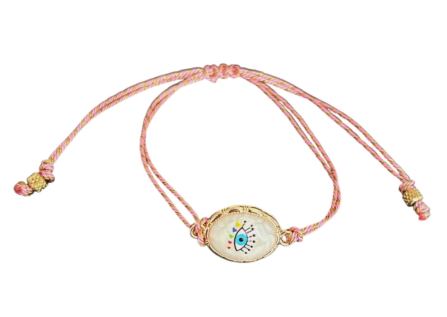 Pulsera de Mujer Hecha a Mano con Hilo Trenzado y Dije de Acero Inoxidable con Baño de Oro y Ojo Turco