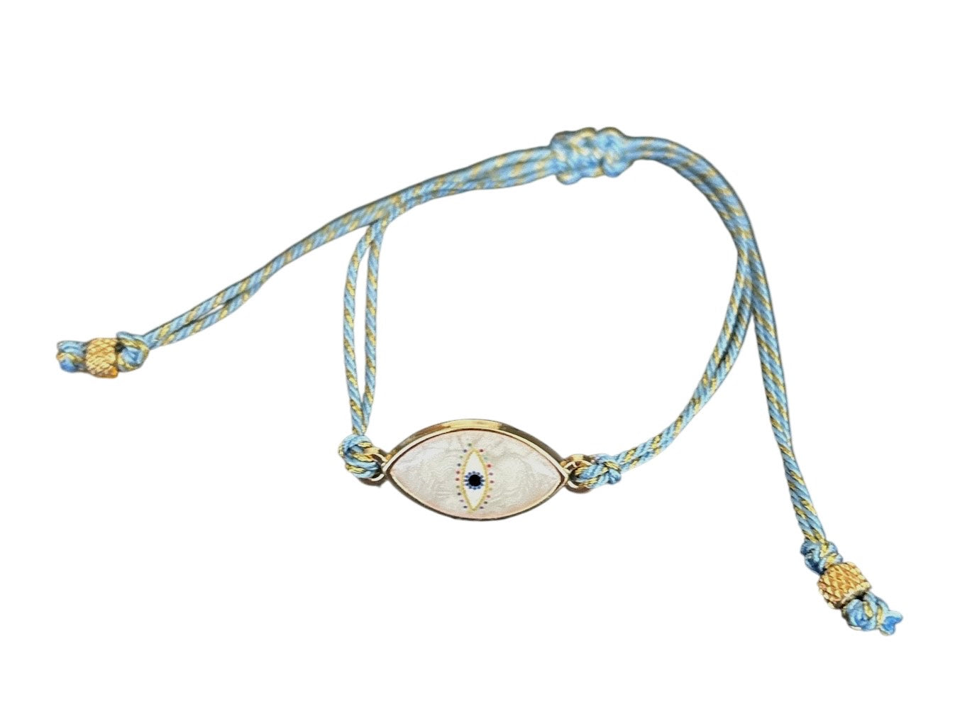 Pulsera de Mujer Hecha a Mano con Hilo Trenzado y Dije de Acero Inoxidable con Baño de Oro y Ojo Turco