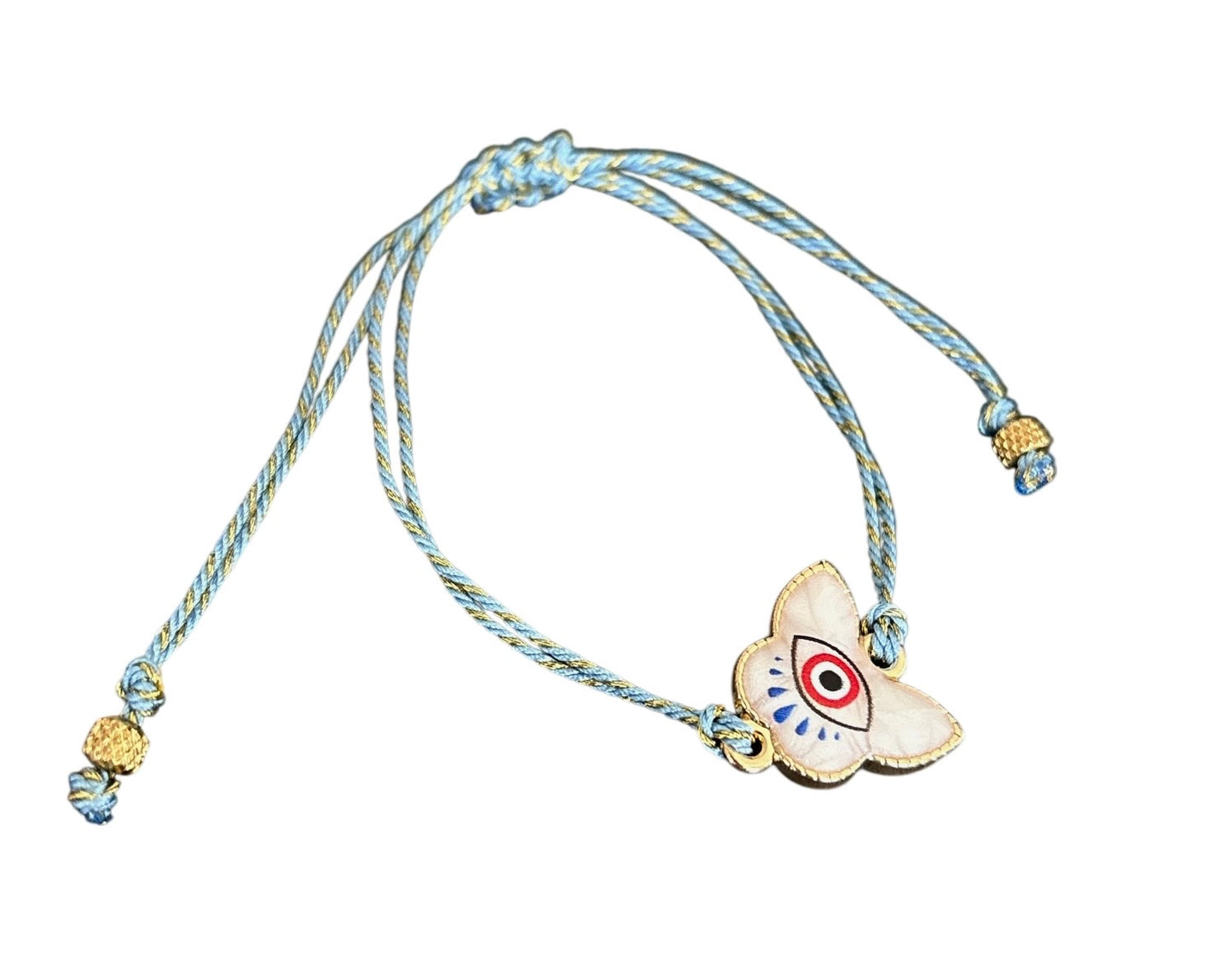 Pulsera de Mujer Hecha a Mano con Hilo Trenzado y Dije de Acero Inoxidable con Baño de Oro y Ojo Turco