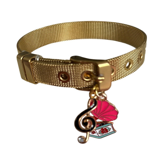 Brazalete de Mujer Hecho a Mano Tipo Correa con Baño de Oro y Dijes Musicales en Acero Inoxidable